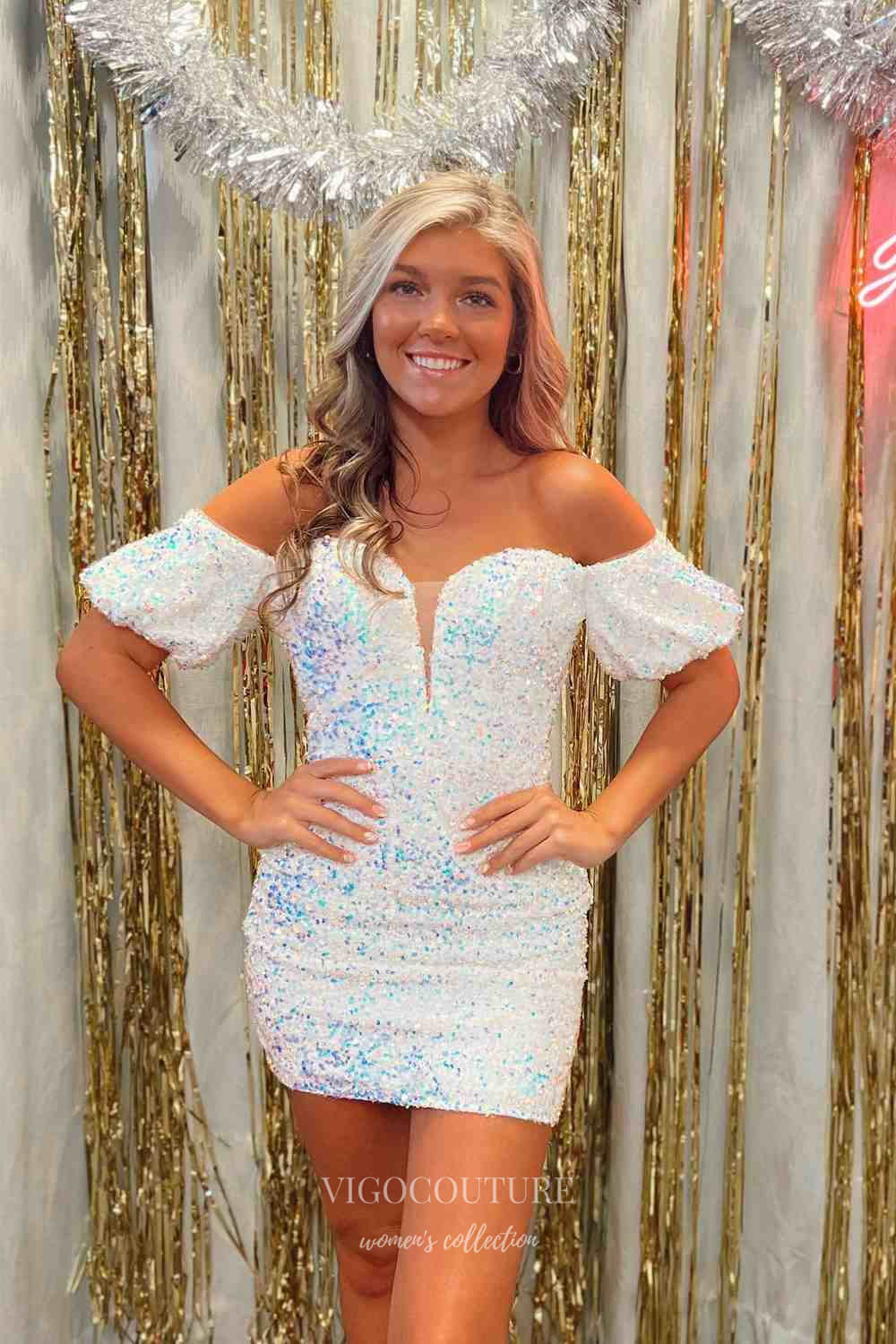 Shimmering Sequin Hoco Dress Off the Shoulder Bodycon Dress hc268 –  vigocouture