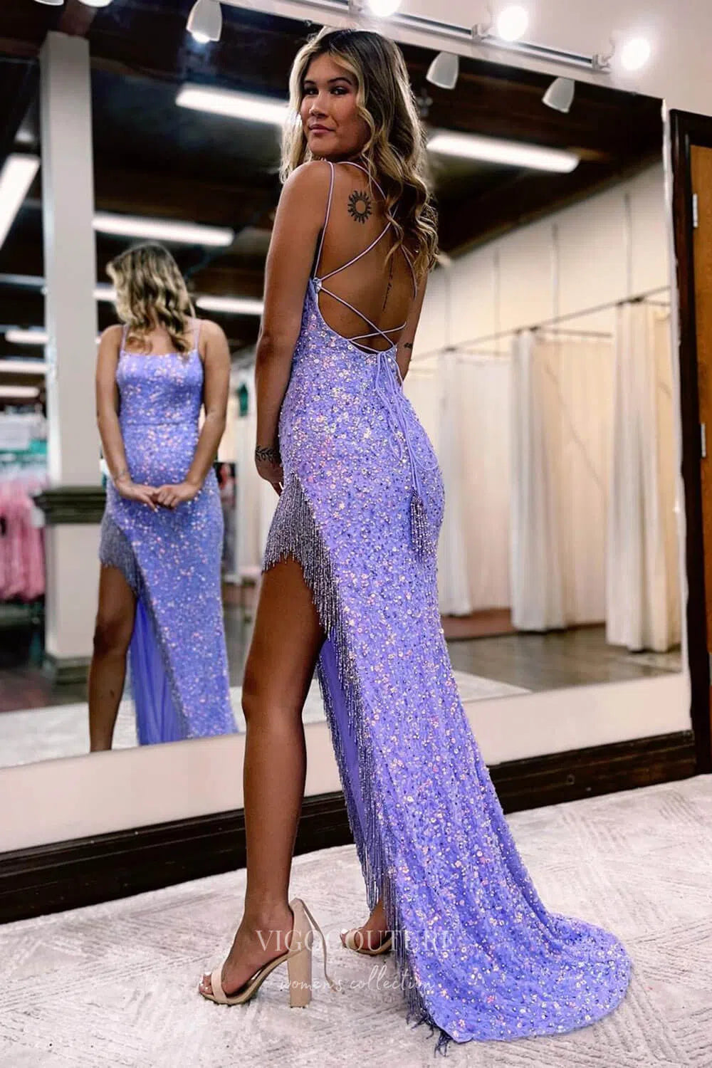 Prom Dress 2025 Shimmering Sequin Mermaid Prom Dress with Spaghetti Strap and High Slit 22234-unique elegant Prom Dresses-Lavender-Custom Size-vigocouture