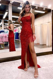 Prom Dress 2025 Shimmering Sequin Mermaid Prom Dress with Spaghetti Strap and High Slit 22234-unique elegant Prom Dresses-Red-Custom Size-vigocouture