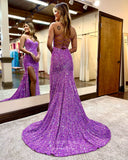 Prom Dress 2025 Shimmering Sequin Mermaid Prom Dresses with Slit Spaghetti Strap Evening Dress 24017-unique elegant Prom Dresses-Lavender-Custom Size-vigocouture