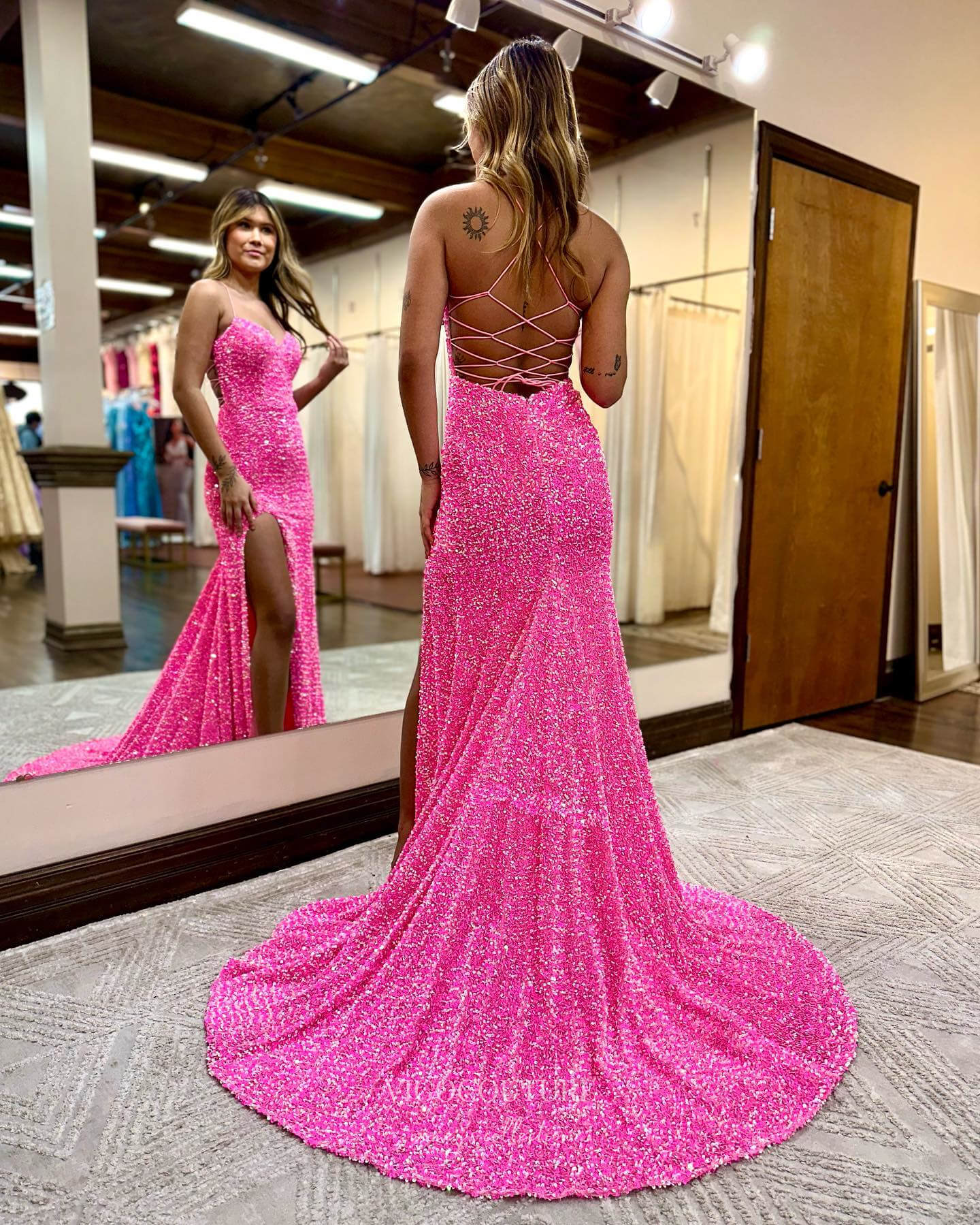 Prom Dress 2025 Shimmering Sequin Mermaid Prom Dresses with Slit Spaghetti Strap Evening Dress 24017-unique elegant Prom Dresses-Lavender-Custom Size-vigocouture