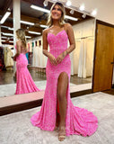 Prom Dress 2025 Shimmering Sequin Mermaid Prom Dresses with Slit Spaghetti Strap Evening Dress 24017-unique elegant Prom Dresses-Pink-Custom Size-vigocouture