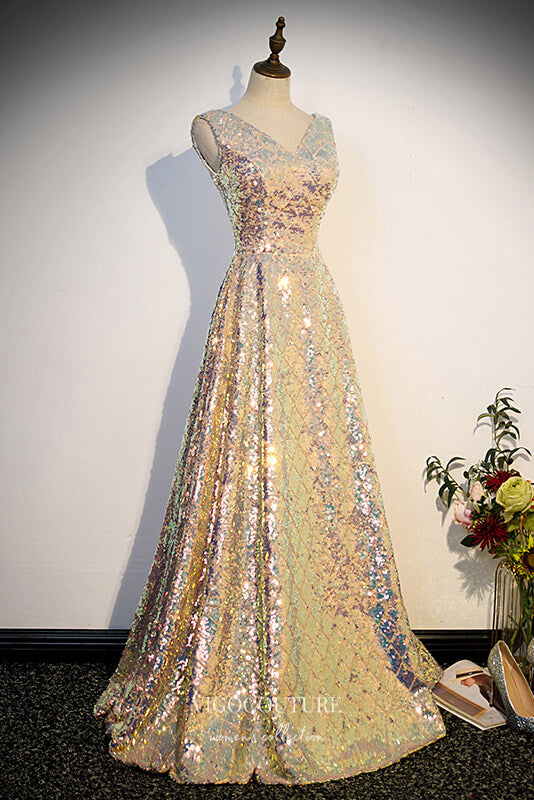 Prom Dress 2025 Shimmering Sequin Prom Dress with V-Neck 22298-unique elegant Prom Dresses-Champagne-Custom Size-vigocouture