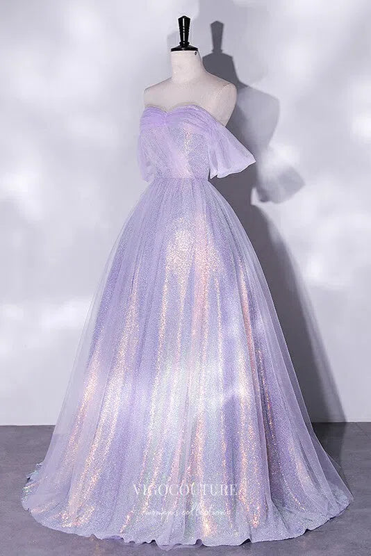 Prom Dress 2025 Shimmering Sparkly Tulle Off the Shoulder Prom Dress 22332-unique elegant Prom Dresses-Lavender-Custom Size-vigocouture