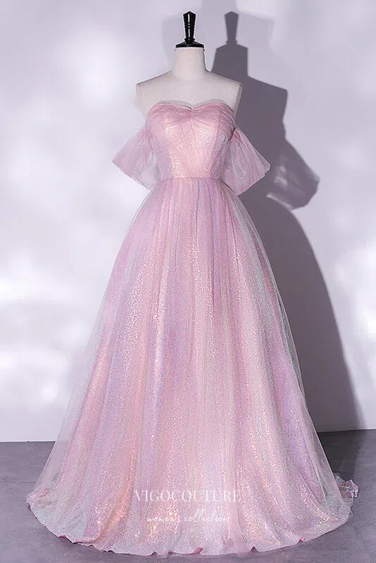 Prom Dress 2025 Shimmering Sparkly Tulle Off the Shoulder Prom Dress 22332-unique elegant Prom Dresses-Pink-Custom Size-vigocouture