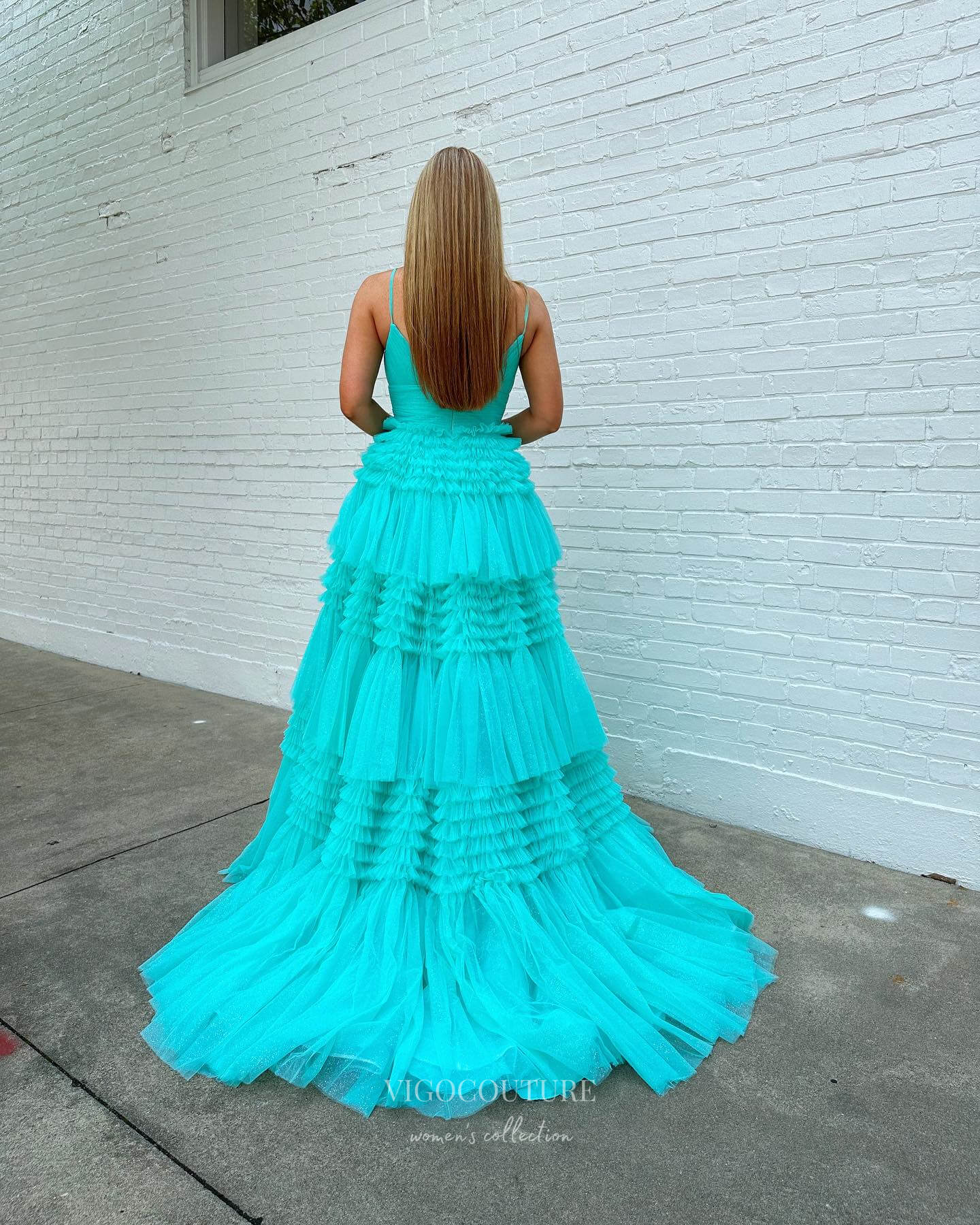 Prom Dress 2025 Shimmering Tulle Ruffled Prom Dresses Spaghetti Strap Formal Dress 24001-unique elegant Prom Dresses-Aqua-Custom Size-vigocouture