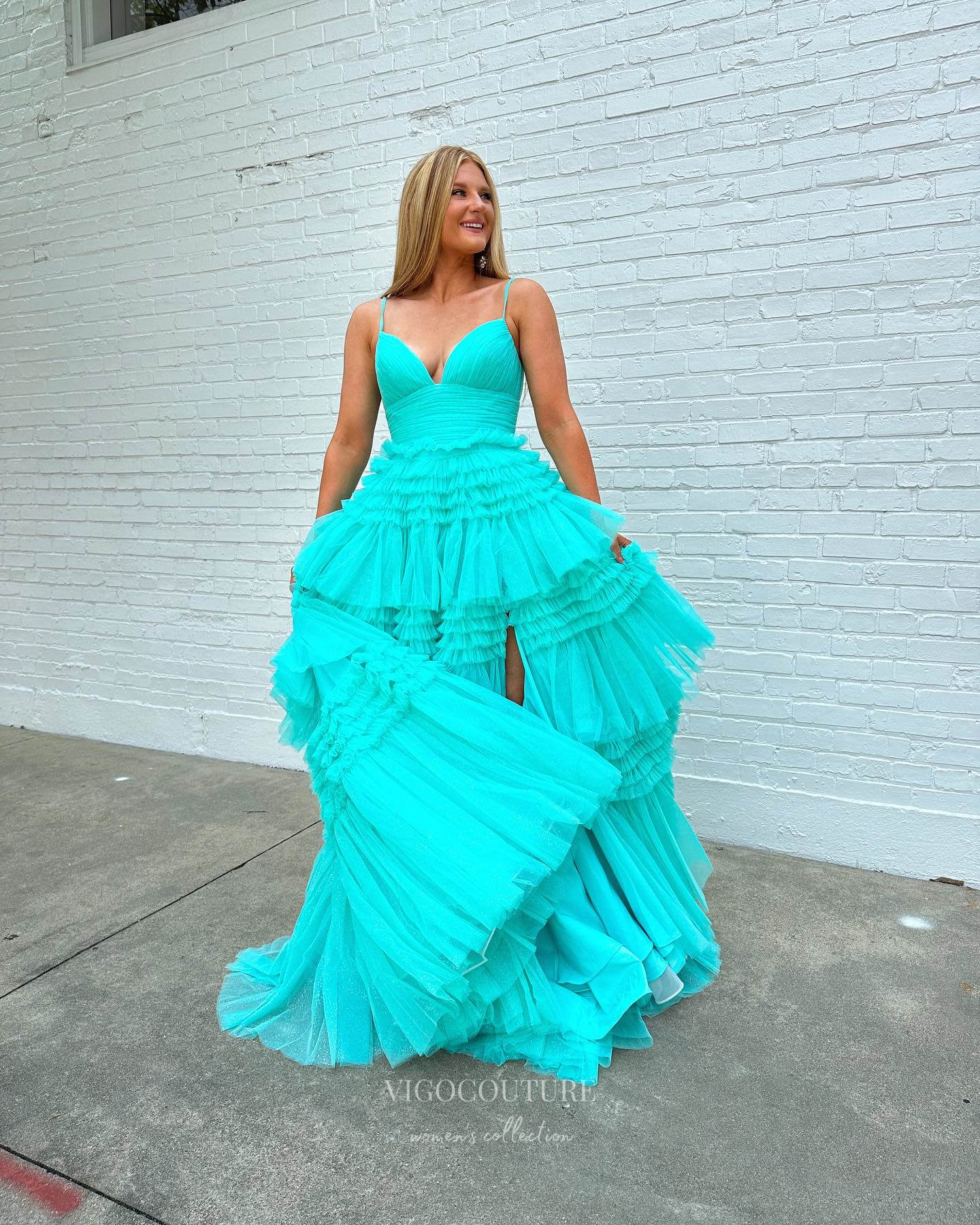 Prom Dress 2025 Shimmering Tulle Ruffled Prom Dresses Spaghetti Strap Formal Dress 24001-unique elegant Prom Dresses-Aqua-Custom Size-vigocouture