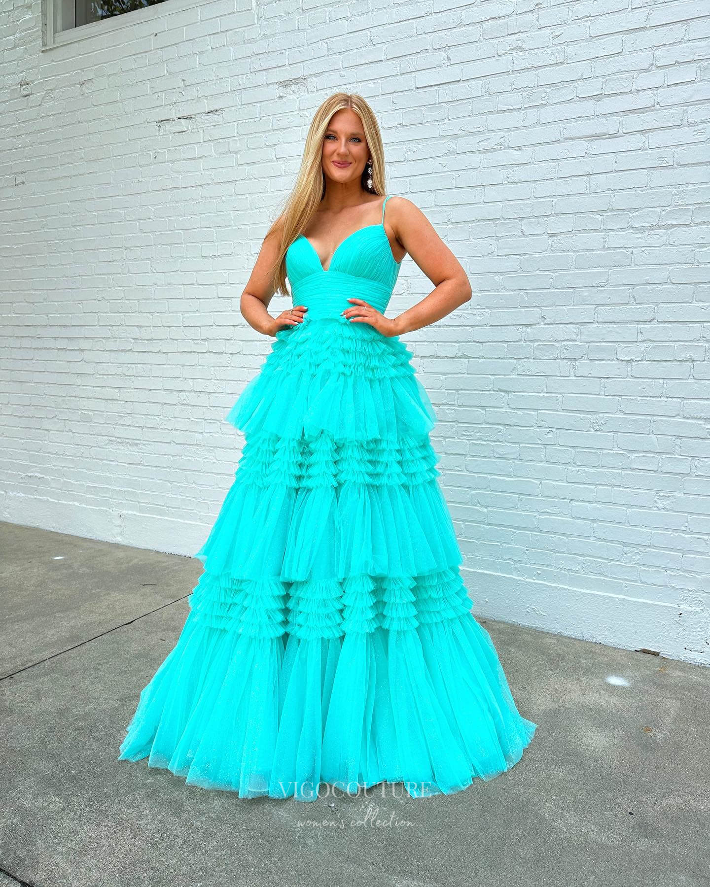 Prom Dress 2025 Shimmering Tulle Ruffled Prom Dresses Spaghetti Strap Formal Dress 24001-unique elegant Prom Dresses-Aqua-Custom Size-vigocouture