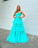 Shimmering Tulle Ruffled Prom Dresses Spaghetti Strap Formal Dress 24001