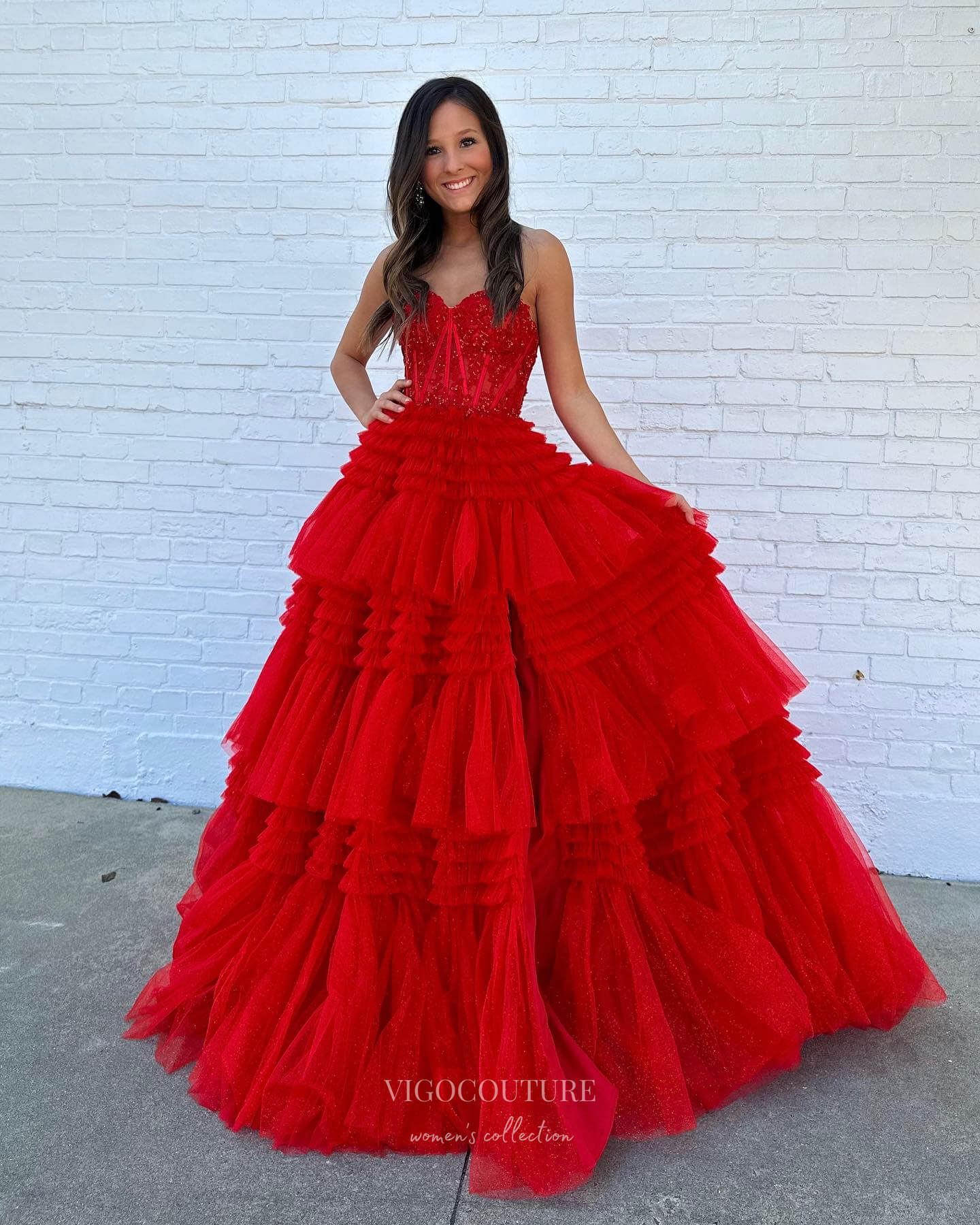 Prom Dress 2025 Shimmering Tulle Ruffled Prom Dresses Spaghetti Strap Formal Dress 24001-unique elegant Prom Dresses-Red-Custom Size-vigocouture