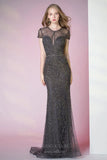 Prom Dress 2025 Short Sleeve Beaded Prom Dresses Mermaid Round Neck Evening Dress 20140-unique elegant Prom Dresses-Grey-US2-vigocouture