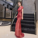 Prom Dress 2025 Short Sleeve Beaded Prom Dresses Mermaid Round Neck Evening Dress 20140-unique elegant Prom Dresses-Red-US2-vigocouture