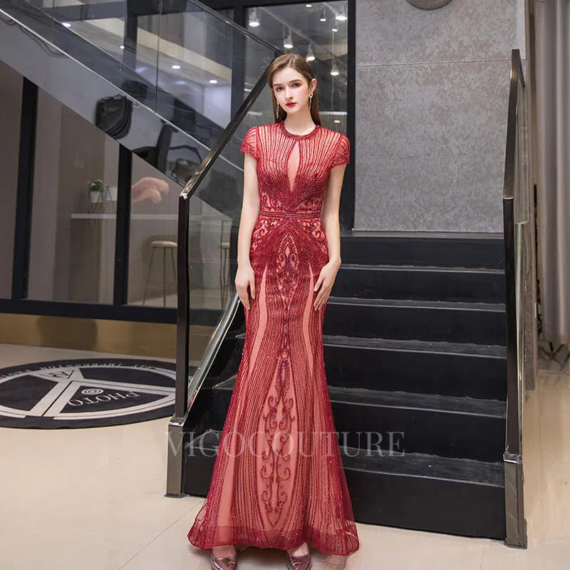 Prom Dress 2025 Short Sleeve Beaded Prom Dresses Mermaid Round Neck Evening Dress 20140-unique elegant Prom Dresses-Red-US2-vigocouture