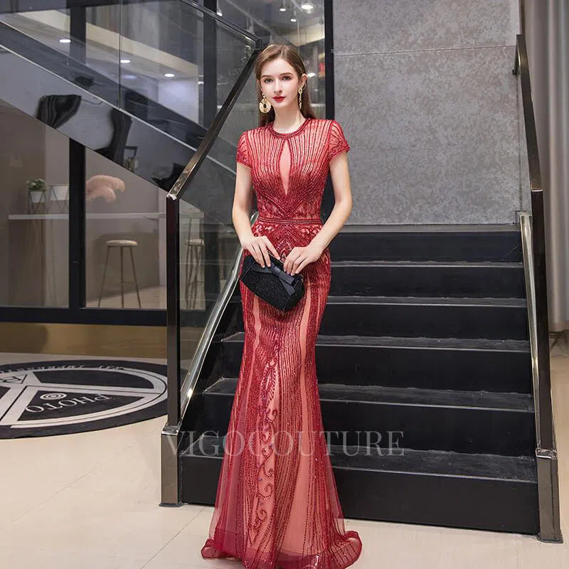 Prom Dress 2025 Short Sleeve Beaded Prom Dresses Mermaid Round Neck Evening Dress 20140-unique elegant Prom Dresses-Red-US2-vigocouture