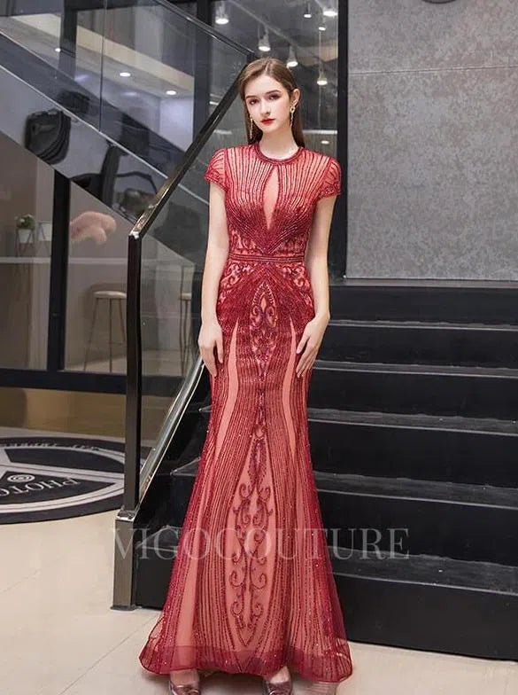 Prom Dress 2025 Short Sleeve Beaded Prom Dresses Mermaid Round Neck Evening Dress 20140-unique elegant Prom Dresses-Red-US2-vigocouture