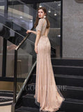 Prom Dress 2025 Short Sleeves Mermaid High Neck Prom Dresses Beaded Evening Dresses 20101-unique elegant Prom Dresses-Champagne-US2-vigocouture