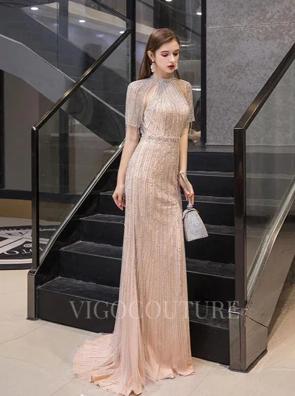 Prom Dress 2025 Short Sleeves Mermaid High Neck Prom Dresses Beaded Evening Dresses 20101-unique elegant Prom Dresses-Champagne-US2-vigocouture