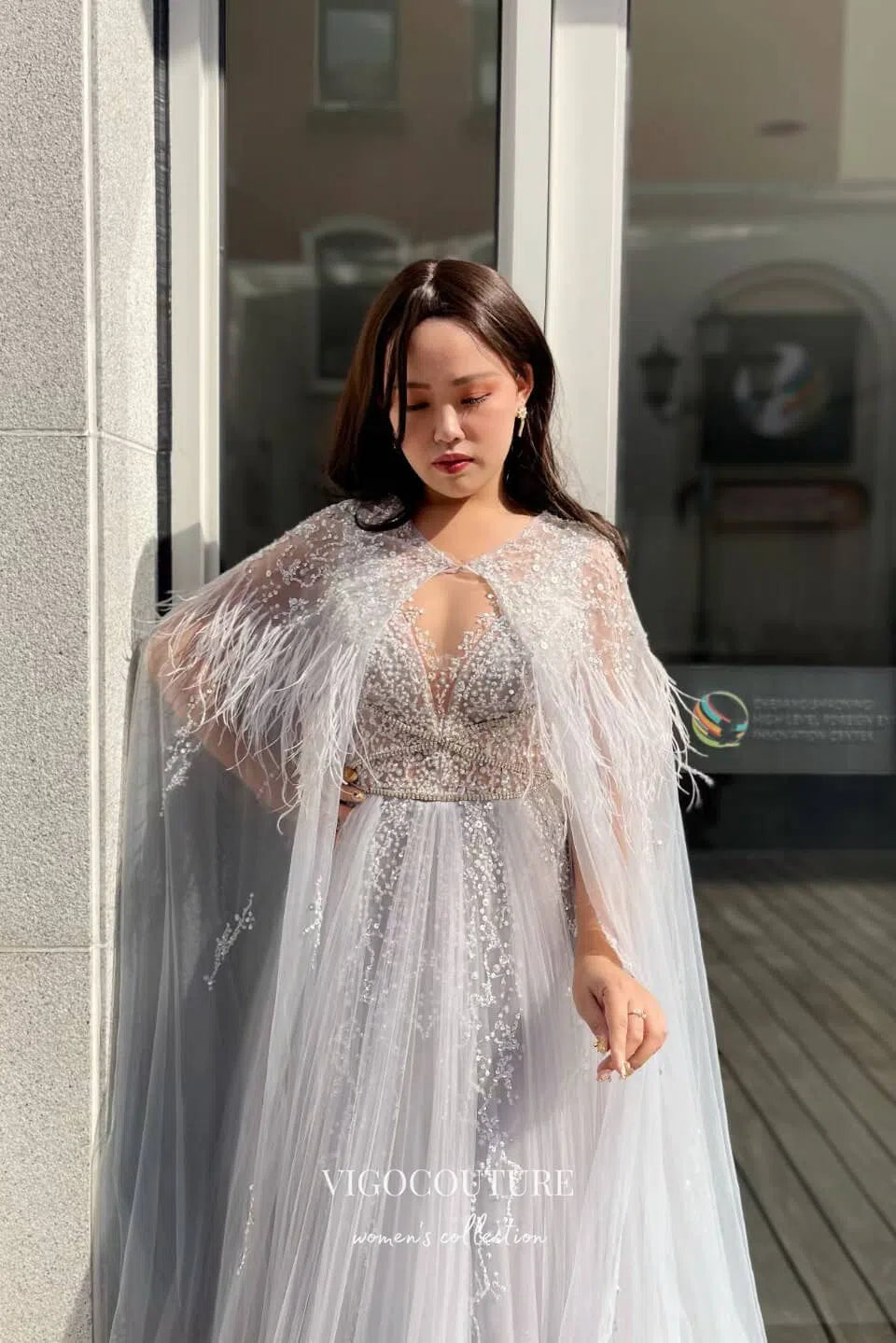 Silver Beaded Cape Sleeve Prom Dress with V-Neck and Feathers 22249 Silver / US10 Silver Beaded Cape Sleeve Prom Dress with V-Neck and Feathers 22249 Silver / US10
