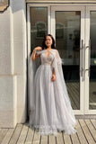 Prom Dress 2025 Silver Beaded Cape Sleeve Prom Dress with V-Neck and Feathers 22249-unique elegant Prom Dresses-Silver-US2-vigocouture