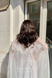 Prom Dress 2025 Silver Beaded Cape Sleeve Prom Dress with V-Neck and Feathers 22249-unique elegant Prom Dresses-Silver-US2-vigocouture