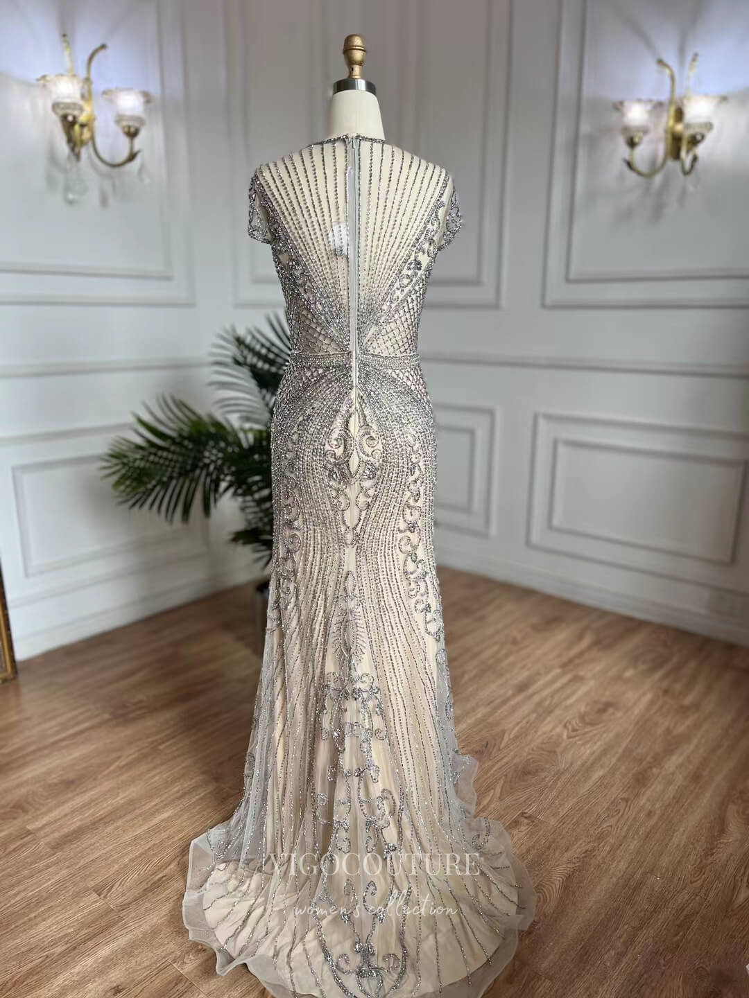 Silver Beaded Lace Prom Dresses Cap Sleeve 1920s Evening Dress 22126 Silver / US10 Silver Beaded Lace Prom Dresses Cap Sleeve 1920s Evening Dress 22126 Silver / US10