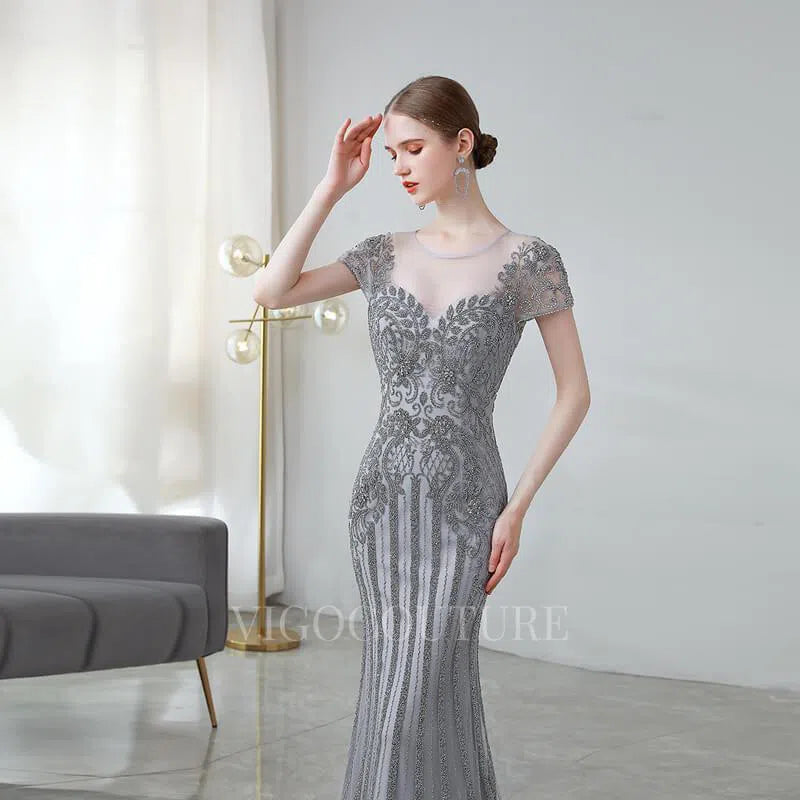Silver Beaded Mermaid Prom Dress 20161 Silver / US10 Silver Beaded Mermaid Prom Dress 20161 Silver / US10