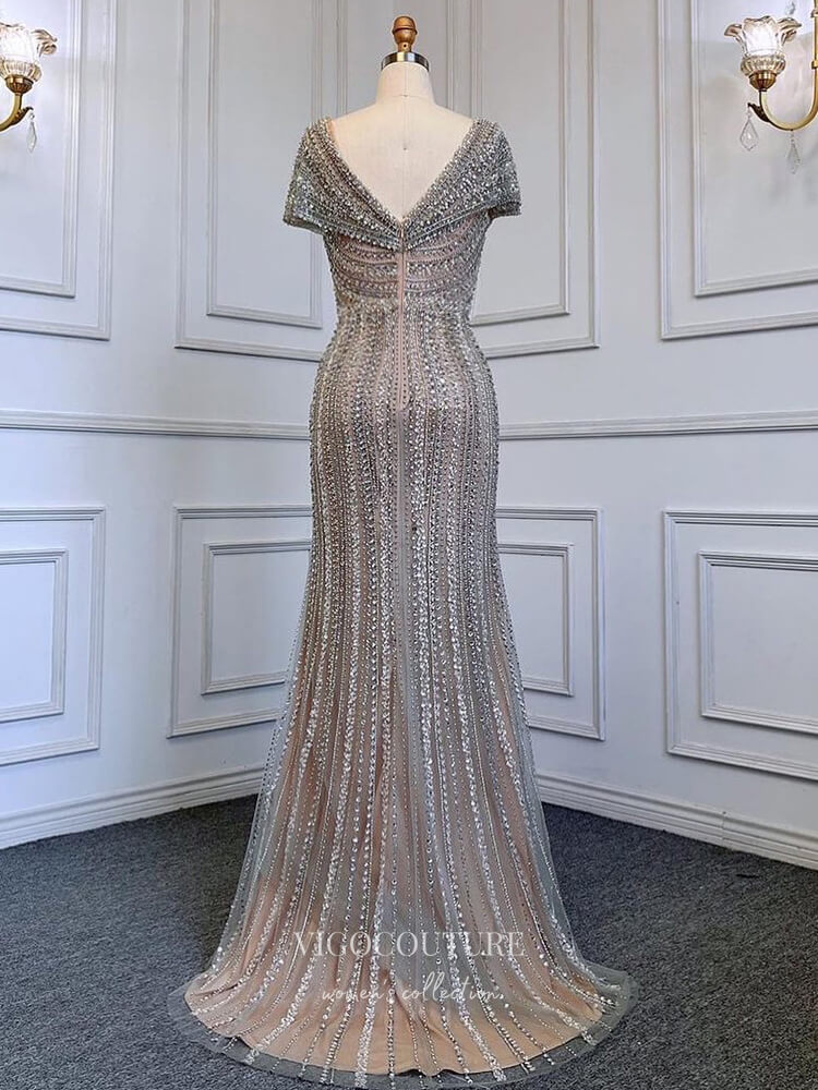 Prom Dress 2025 Silver Beaded Prom Dresses Cap Sleeve Mermaid Evening Dress 22066-unique elegant Prom Dresses-Silver-US2-vigocouture