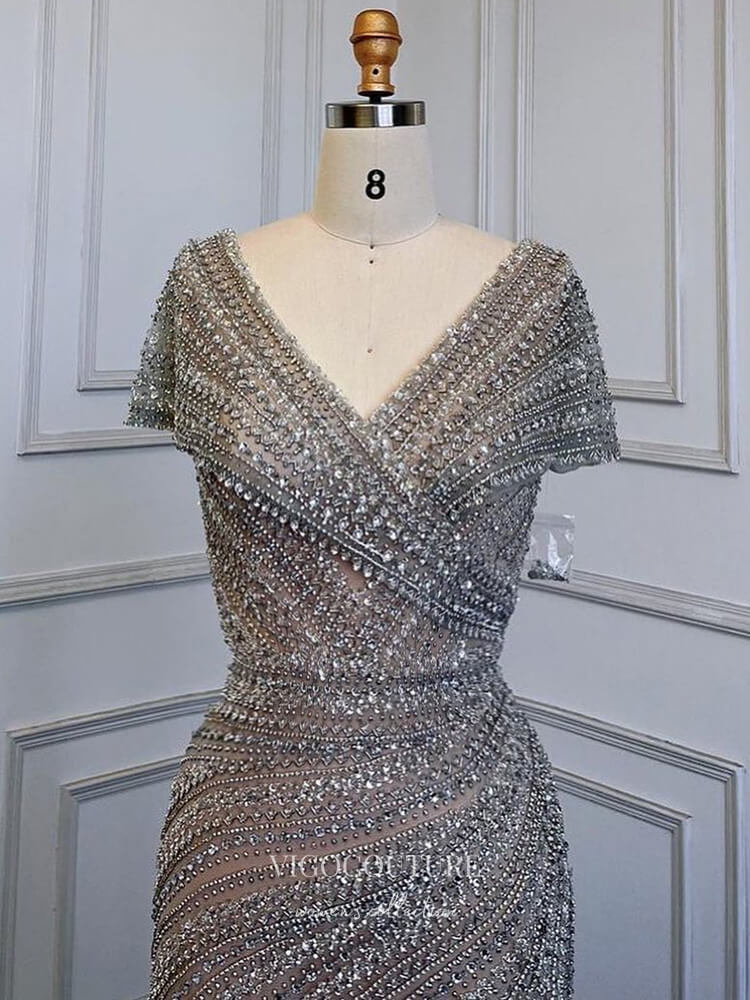 Silver Beaded Prom Dresses Cap Sleeve Mermaid Evening Dress 22066 Silver / US6 Silver Beaded Prom Dresses Cap Sleeve Mermaid Evening Dress 22066 Silver / US6