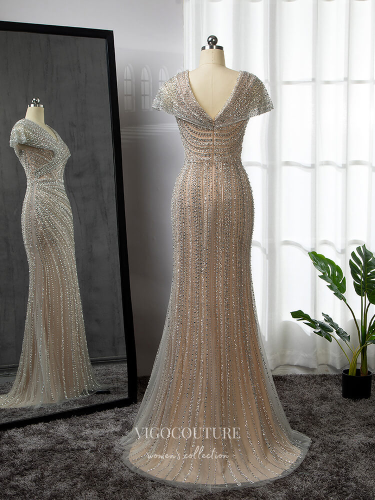 Prom Dress 2025 Silver Beaded Prom Dresses Cap Sleeve Mermaid Evening Dress 22066-unique elegant Prom Dresses-Silver-US2-vigocouture