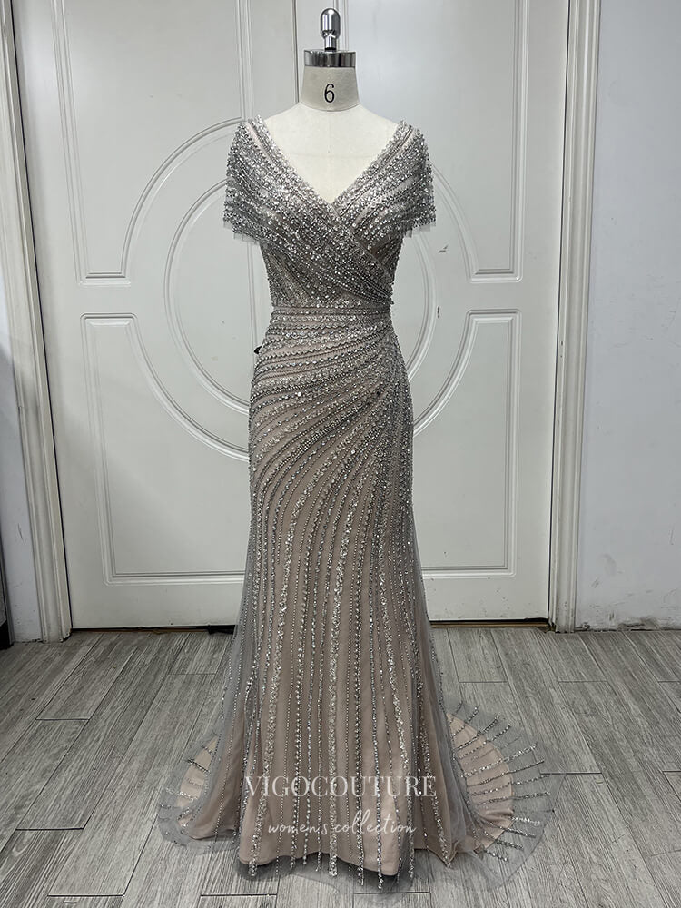 Prom Dress 2025 Silver Beaded Prom Dresses Cap Sleeve Mermaid Evening Dress 22066-unique elegant Prom Dresses-Silver-US2-vigocouture