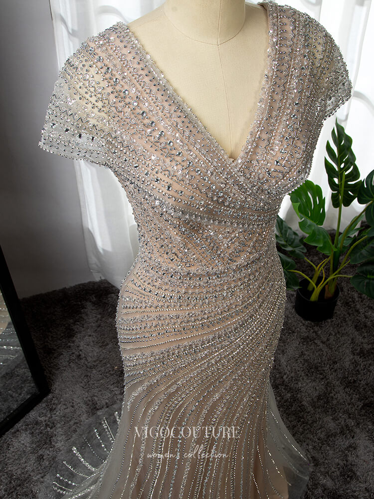 Prom Dress 2025 Silver Beaded Prom Dresses Cap Sleeve Mermaid Evening Dress 22066-unique elegant Prom Dresses-Silver-US2-vigocouture