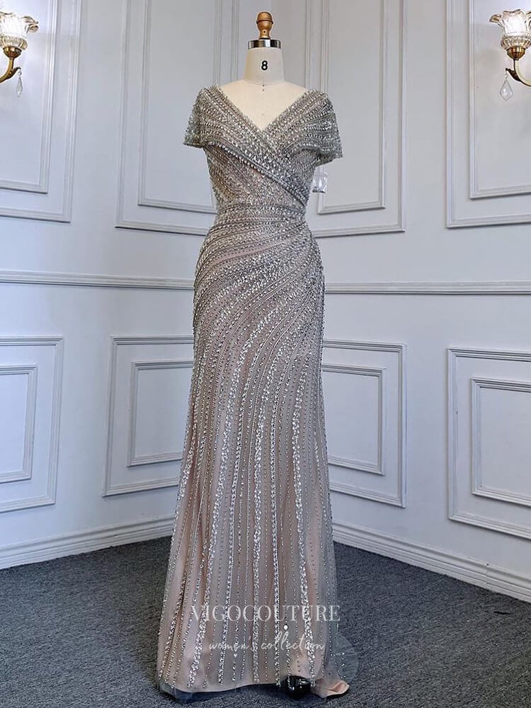 Prom Dress 2025 Silver Beaded Prom Dresses Cap Sleeve Mermaid Evening Dress 22066-unique elegant Prom Dresses-Silver-US2-vigocouture