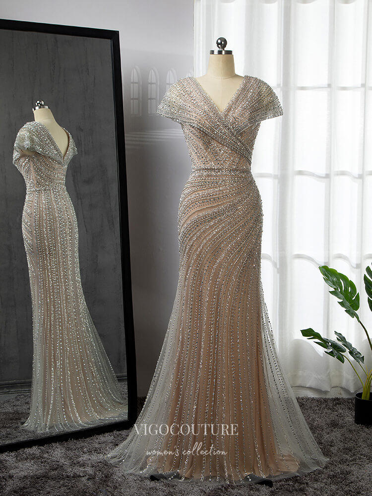 Prom Dress 2025 Silver Beaded Prom Dresses Cap Sleeve Mermaid Evening Dress 22066-unique elegant Prom Dresses-Silver-US2-vigocouture