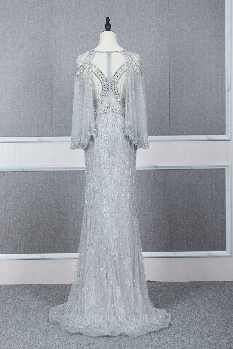 prom dresses silver and white Silver Beaded Prom Dresses Long Sleeve Evening Dresses 20765 Custom Colors / US12