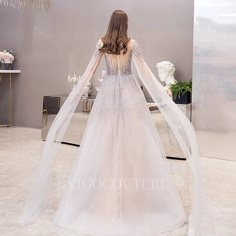 Prom Dress 2025 Silver Extra Long Sleeves Beaded Prom Dresses 20012-unique elegant Prom Dresses-Silver-US2-vigocouture