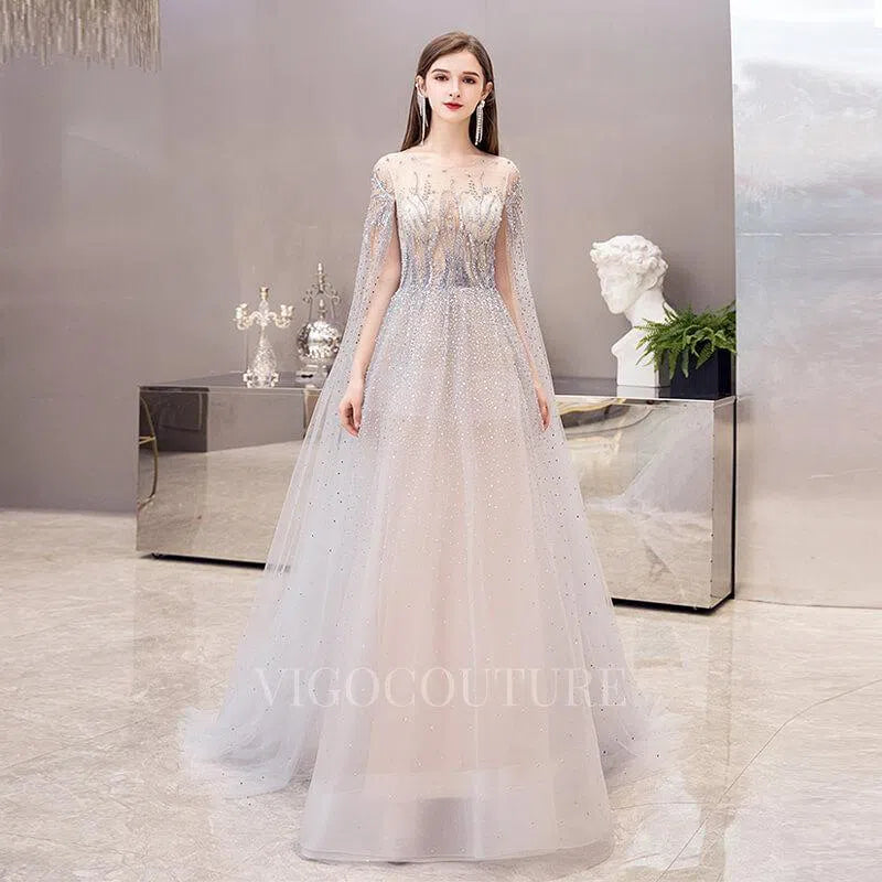 Prom Dress 2025 Silver Extra Long Sleeves Beaded Prom Dresses 20012-unique elegant Prom Dresses-Silver-US2-vigocouture