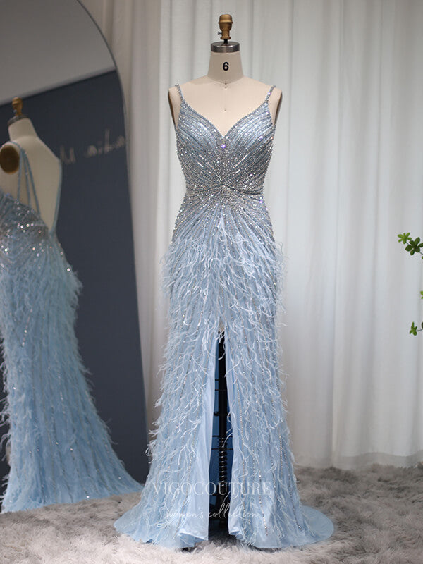 Prom Dress 2025 Silver Feather Prom Dresses Mermaid Formal Dresses 21510-unique elegant Prom Dresses-Light Blue-US2-vigocouture