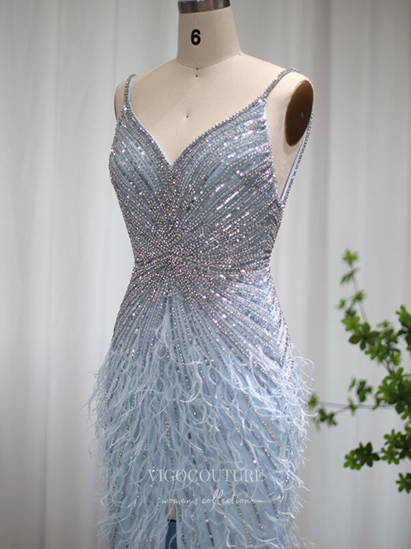 Prom Dress 2025 Silver Feather Prom Dresses Mermaid Formal Dresses 21510-unique elegant Prom Dresses-Silver-US2-vigocouture