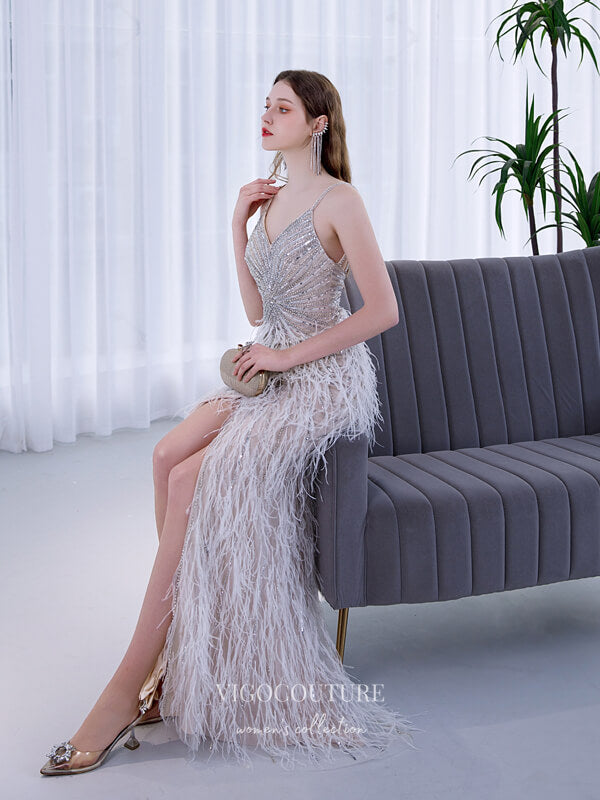 Silver Feather Prom Dresses Mermaid Formal Dresses 21510 vigocouture Silver Feather Prom Dresses Mermaid Formal Dresses 21510 vigocouture
