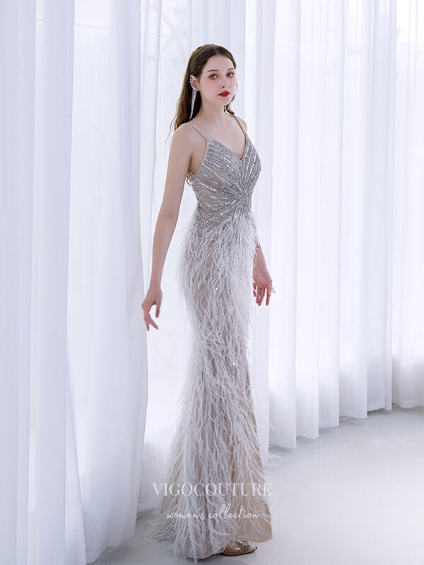 Prom Dress 2025 Silver Feather Prom Dresses Mermaid Formal Dresses 21510-unique elegant Prom Dresses-Silver-US2-vigocouture