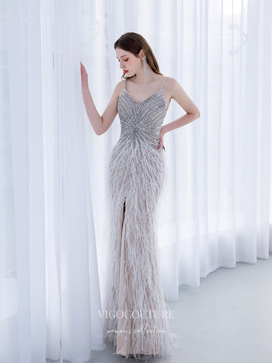 Prom Dress 2025 Silver Feather Prom Dresses Mermaid Formal Dresses 21510-unique elegant Prom Dresses-Silver-US2-vigocouture