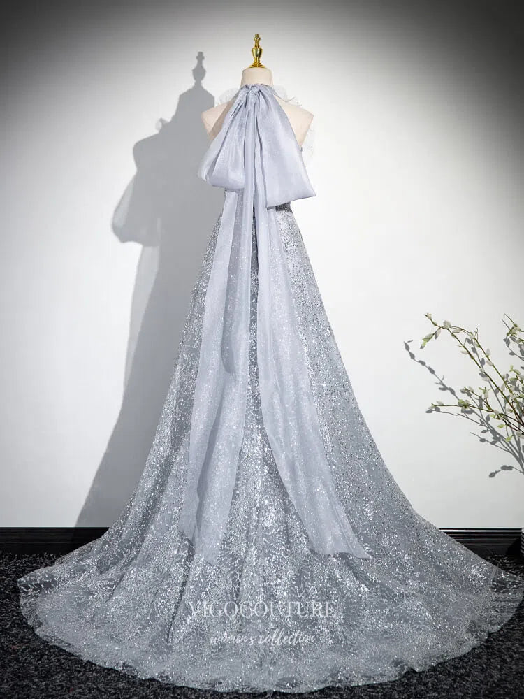 silver halter neck prom dress Silver Glitter Trumpet V-neck Halter Lace Made-to-Order Prom Dress