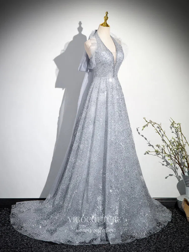 Prom Dress 2025 Silver Halter Neck Ruffled Prom Dresses Shimmering Tulle Evening Dress 25078-unique elegant Prom Dresses-Silver-Custom Size-vigocouture