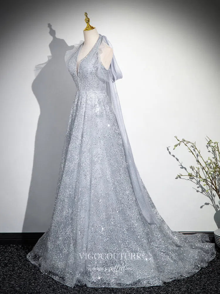 Silver Halter Neck Ruffled Prom Dresses Shimmering Tulle Evening Dress 25078 Silver / Custom Size Silver Halter Neck Ruffled Prom Dresses Shimmering Tulle Evening Dress 25078 Silver / Custom Size