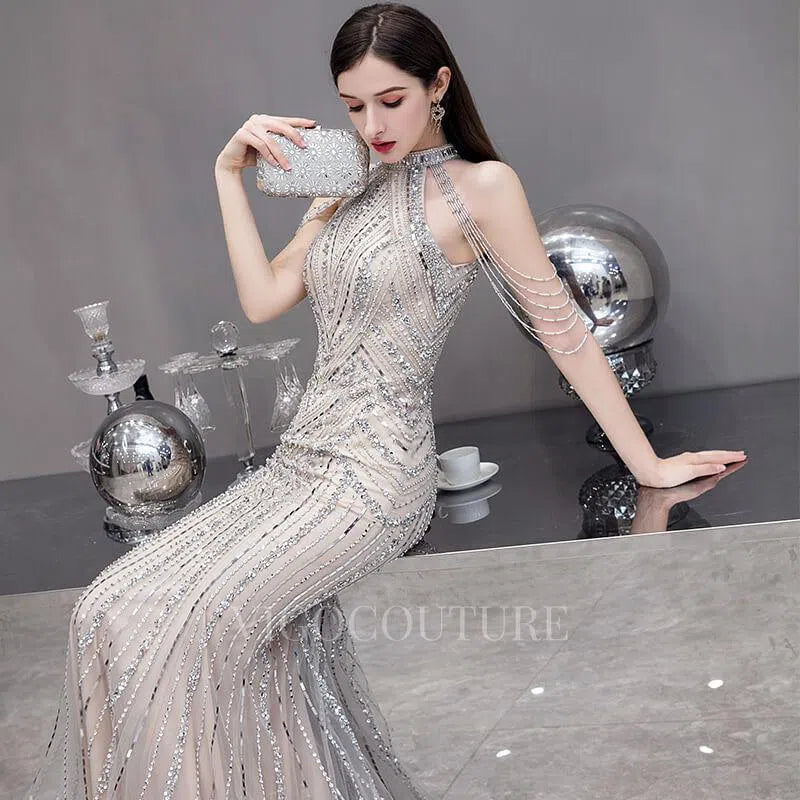 Prom Dress 2025 Silver Mermaid Halter Neck Beaded Prom Dresses 20021-unique elegant Prom Dresses-Silver-US2-vigocouture