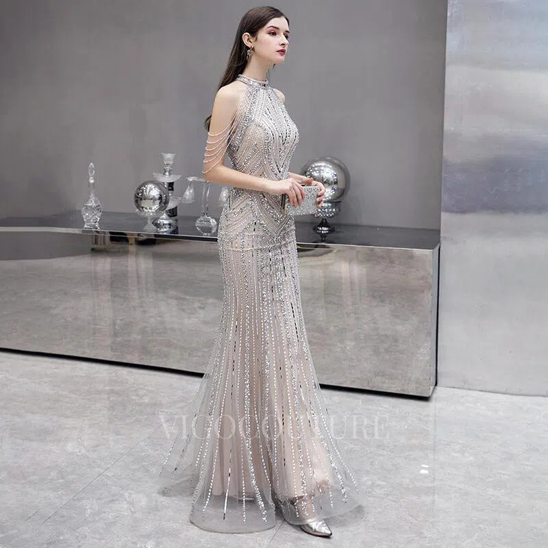 Prom Dress 2025 Silver Mermaid Halter Neck Beaded Prom Dresses 20021-unique elegant Prom Dresses-Silver-US2-vigocouture