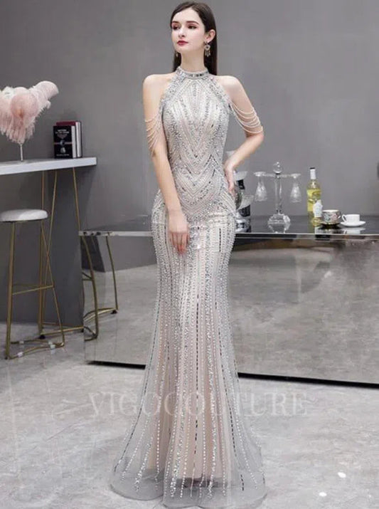 Prom Dress 2025 Silver Mermaid Halter Neck Beaded Prom Dresses 20021-unique elegant Prom Dresses-Silver-US2-vigocouture