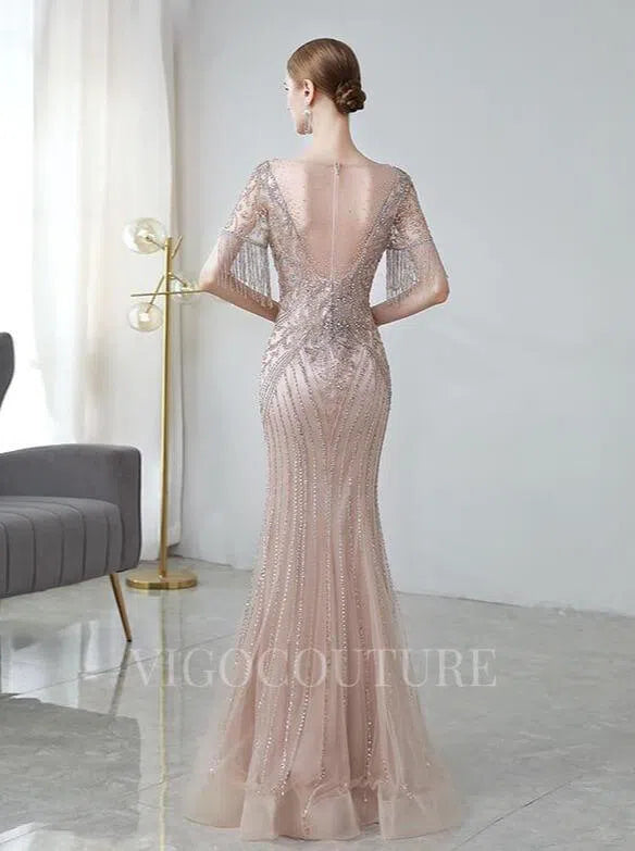 Prom Dress 2025 Silver Mermaid Prom Dresses V-neck Beaded Prom Dresses 20071-unique elegant Prom Dresses-Silver-US2-vigocouture