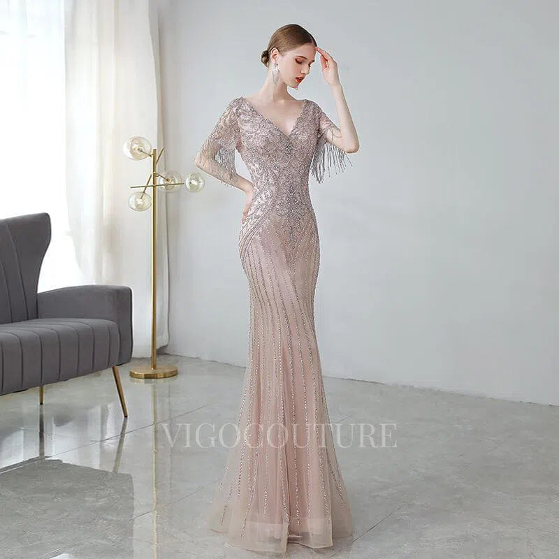 Prom Dress 2025 Silver Mermaid Prom Dresses V-neck Beaded Prom Dresses 20071-unique elegant Prom Dresses-Silver-US2-vigocouture