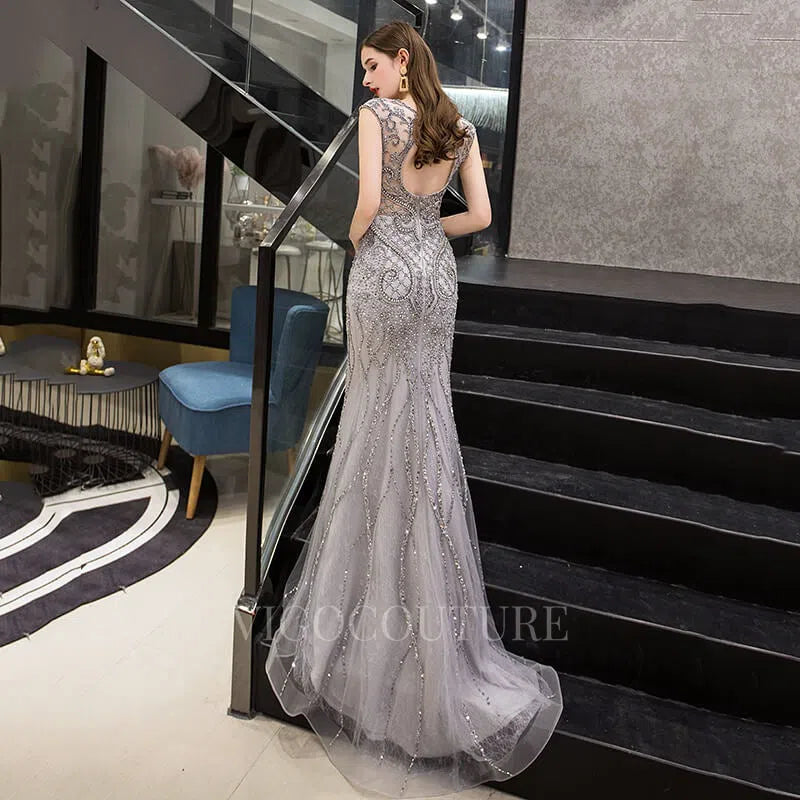 Prom Dress 2025 Silver Mermaid V-neck Beaded Prom Dresses 20023-unique elegant Prom Dresses-Silver-US2-vigocouture